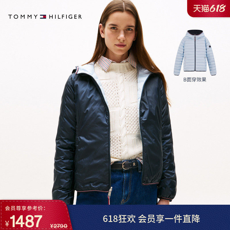Tommy秋冬女装休闲圆形徽章双面穿轻薄排骨绗缝连帽棉服夹克外套