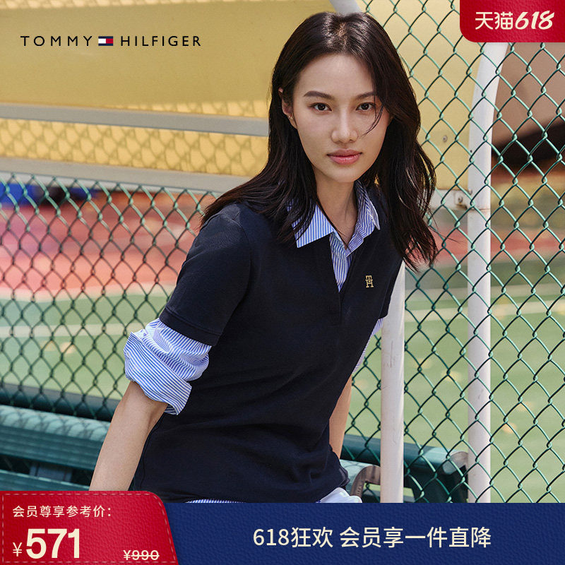 Tommy春夏女装珠地网眼优雅通勤V领商务休闲纯色短袖T恤POLO衫