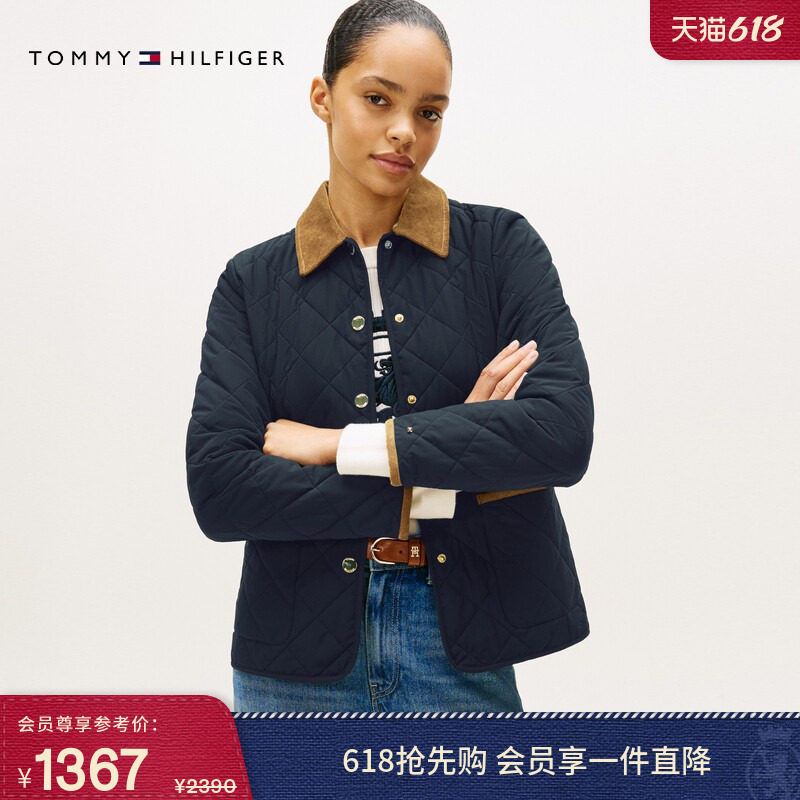 【防水】Tommy秋冬女装巴恩风轻薄菱格灯芯绒翻领收腰棉服外套