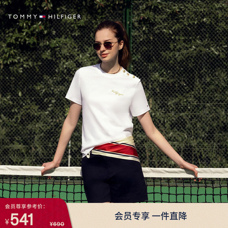 Tommy26春夏新款女装纯棉双面布刺绣金属肩扣纯色条纹圆领短袖T恤