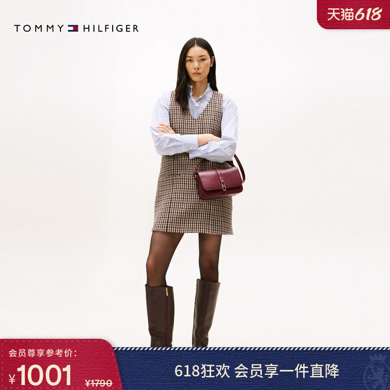 Tommy春夏女装羊毛气质休闲通勤复古格纹V领外搭叠穿宽松连衣裙