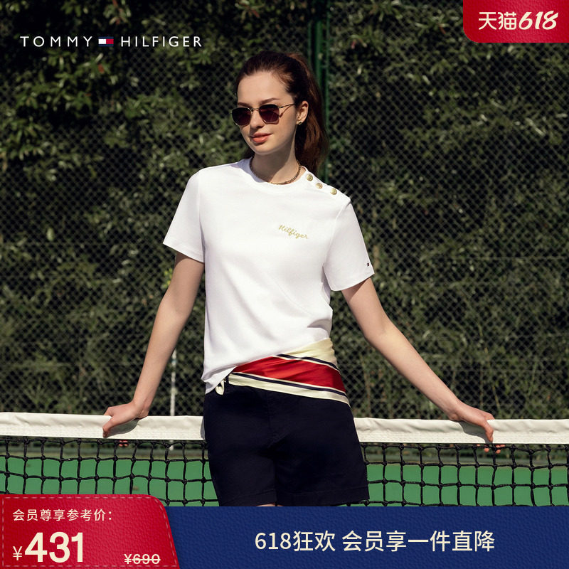 Tommy26春夏新款女装纯棉双面布刺绣金属肩扣纯色条纹圆领短袖T恤