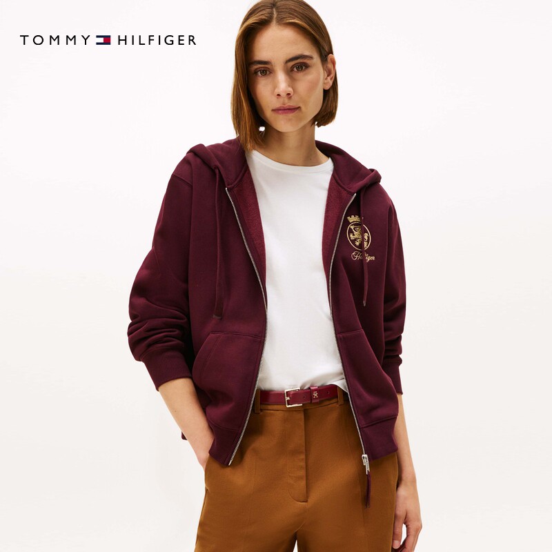 Tommy秋冬女装纯棉美式复古休闲运动风徽章刺绣连帽卫衣开衫外套