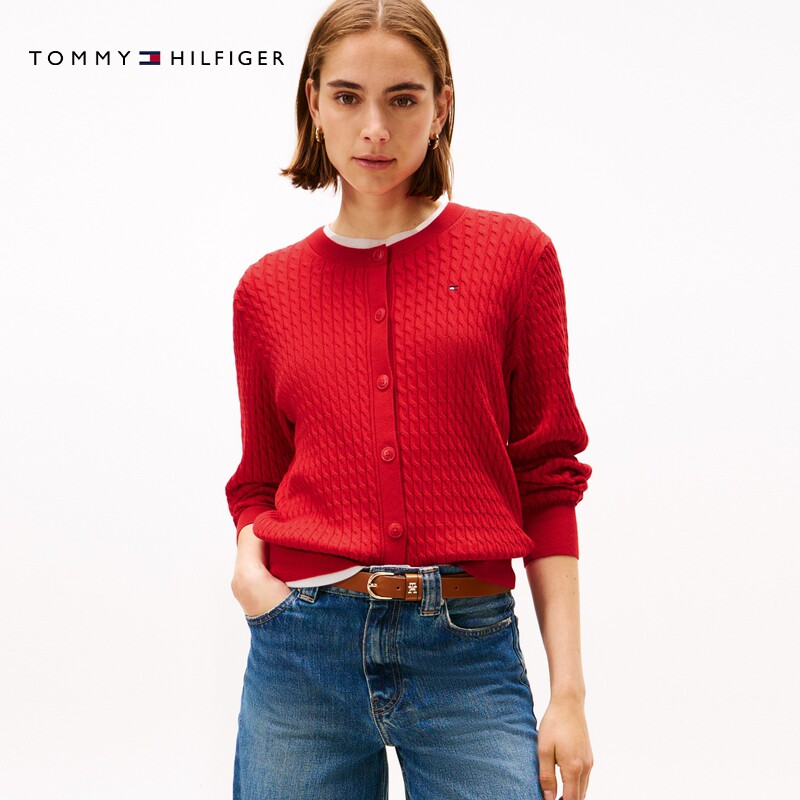 Tommy秋冬女装纯棉休闲通勤纯色圆领内搭麻花针织开衫毛衣外套