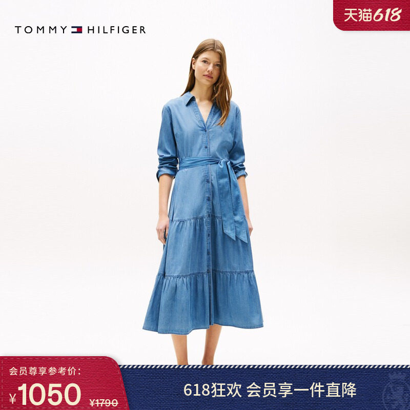Tommy春夏女装莱赛尔混纺文艺风收腰显瘦V领牛仔衬衫长裙连衣裙
