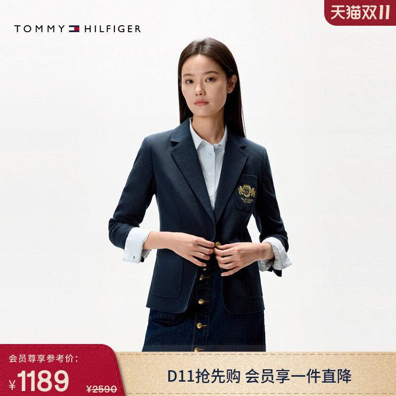 Tommy秋冬女装商务休闲职场狮标刺绣单粒扣修身翻领西装西服外套
