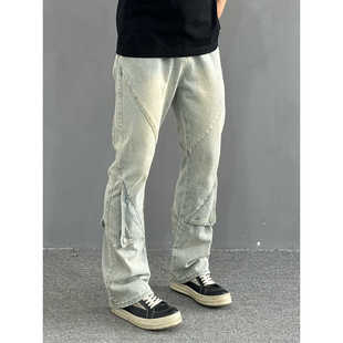 Three333美式高街vibe风男士裤子水洗做旧牛仔裤直筒修身微喇长裤