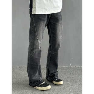 Three333美式复古夏季牛仔裤男款修身显瘦高街做旧微喇直筒长裤子