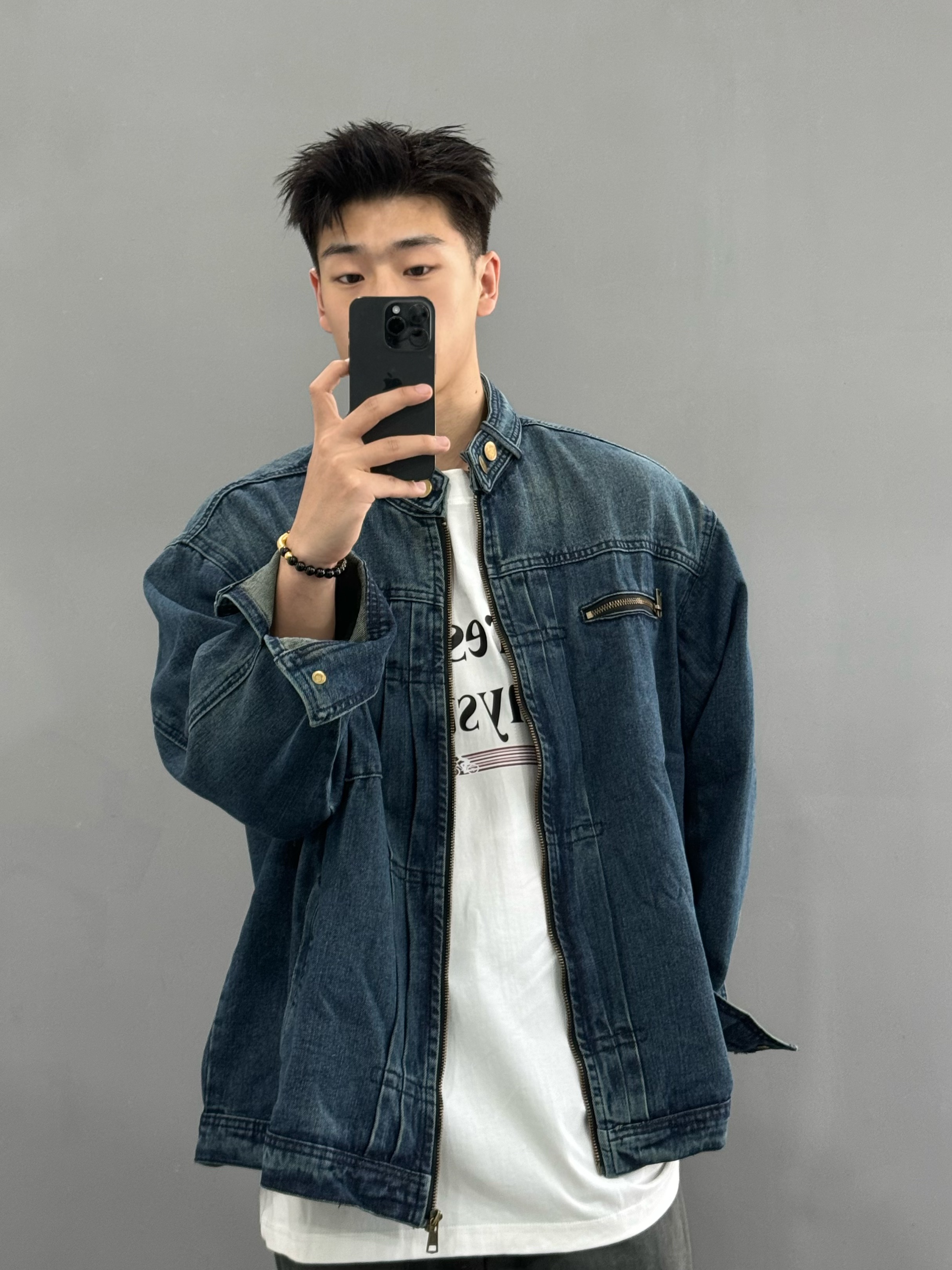 做旧拉链机车设计感工装外套立领