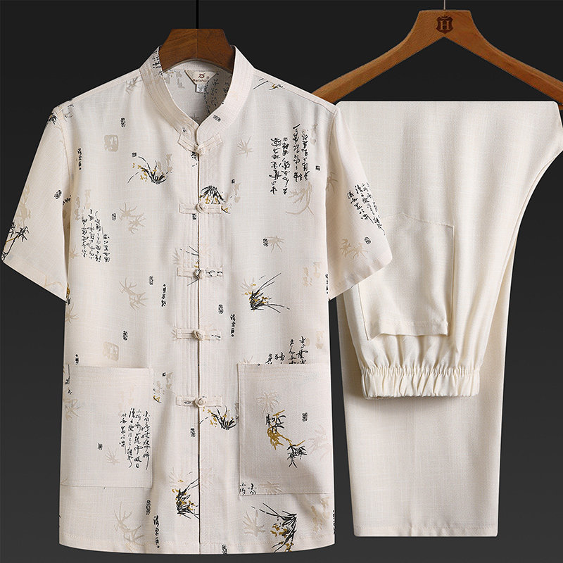 TANG SUIT MEN MIDDLE-AGED AND ELDERLY DAD SUIT SUMMER CASUAL GRANDPA COTTON AND LINEN CHINESE STYLE SHORT-SLEEVED TWO-PIECE SUIT HANFU