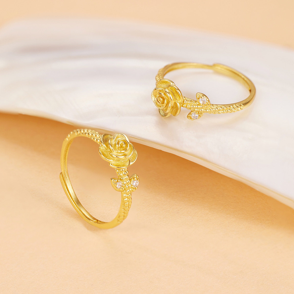 s925纯银镀黄金色手饰品玫瑰花朵镶钻戒指开口轻奢INS风女指环潮