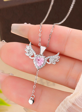 s925纯银首饰丘比特之心项链女生爱心粉色锆石浪漫天使翅膀锁骨链