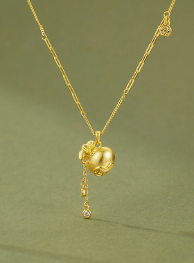 国潮钱币福袋项链s925纯银镀黄金色首饰新款流苏福袋女锁骨链时尚