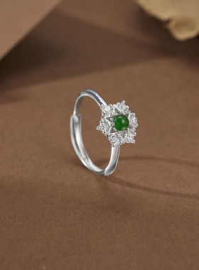 s925纯银饰新款雪花戒指女镶嵌蛋面A货天然危料翡翠绿色活口指环