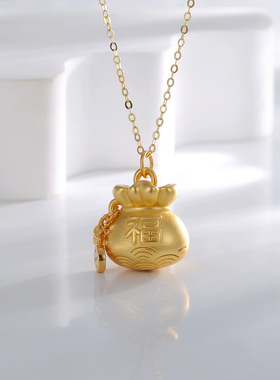 S925纯银镀黄金色首饰吉祥福袋项链水波纹女钱袋吊坠国潮锁骨链子