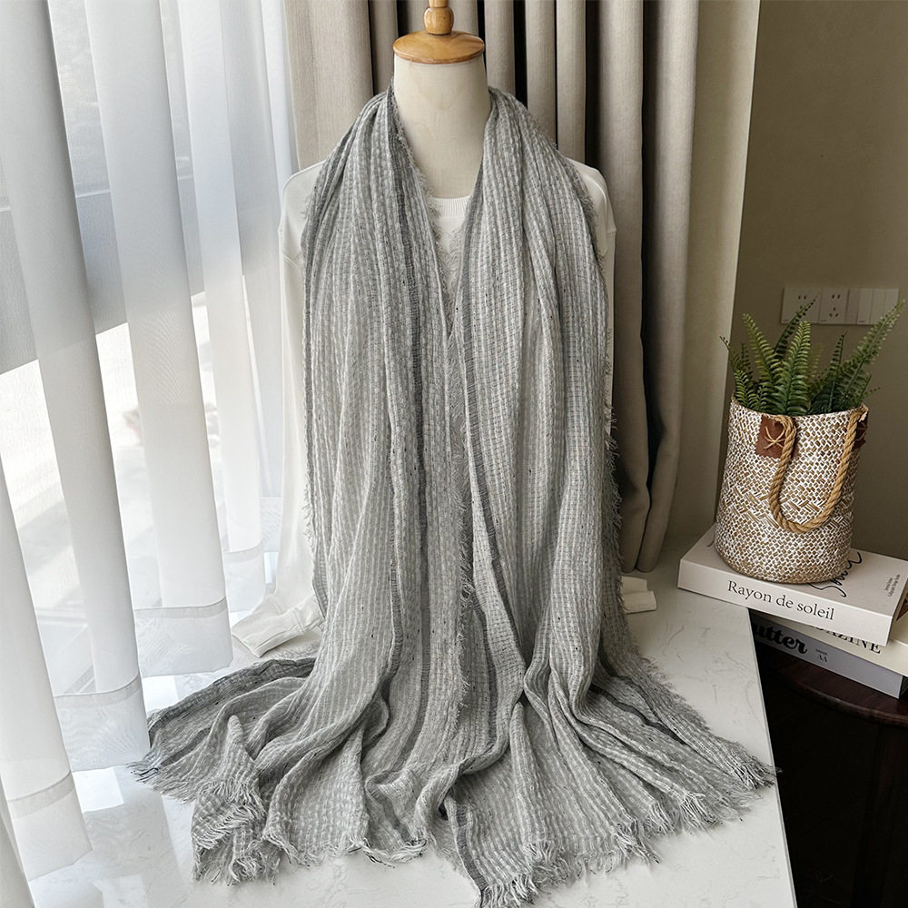 时尚个性复古文艺棉麻围巾男女纯色两边条纹春秋季披肩外贸保暖潮