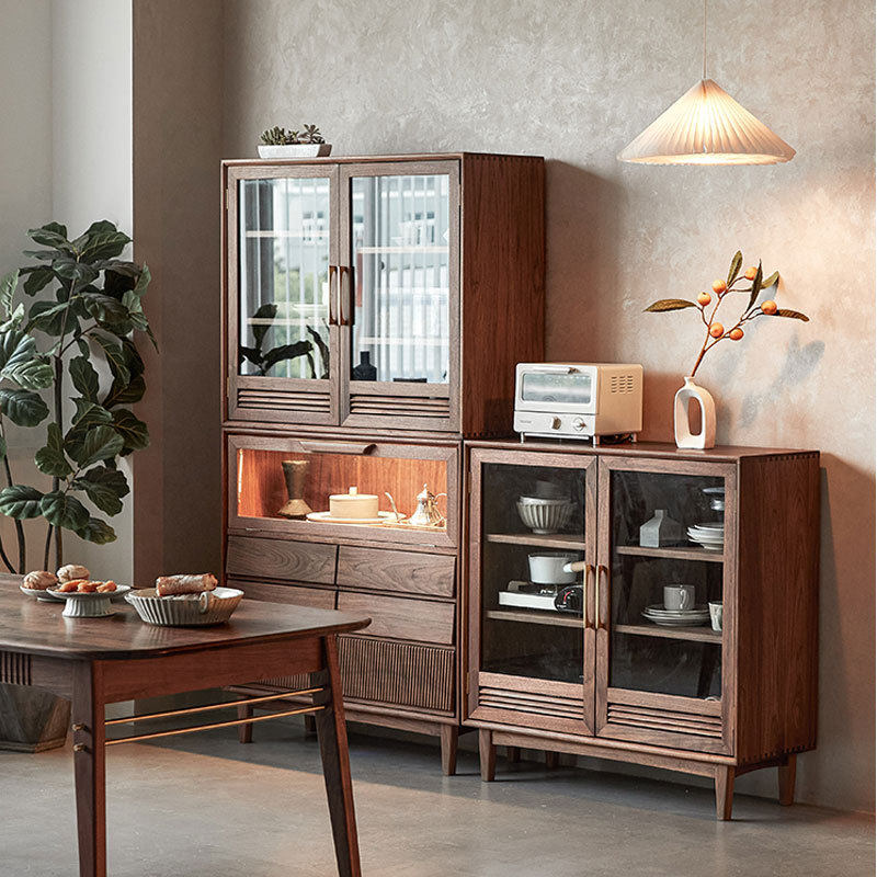 北美黑胡桃木实木组合书柜樱桃木原木落地玻璃门收纳置物展示橱酒