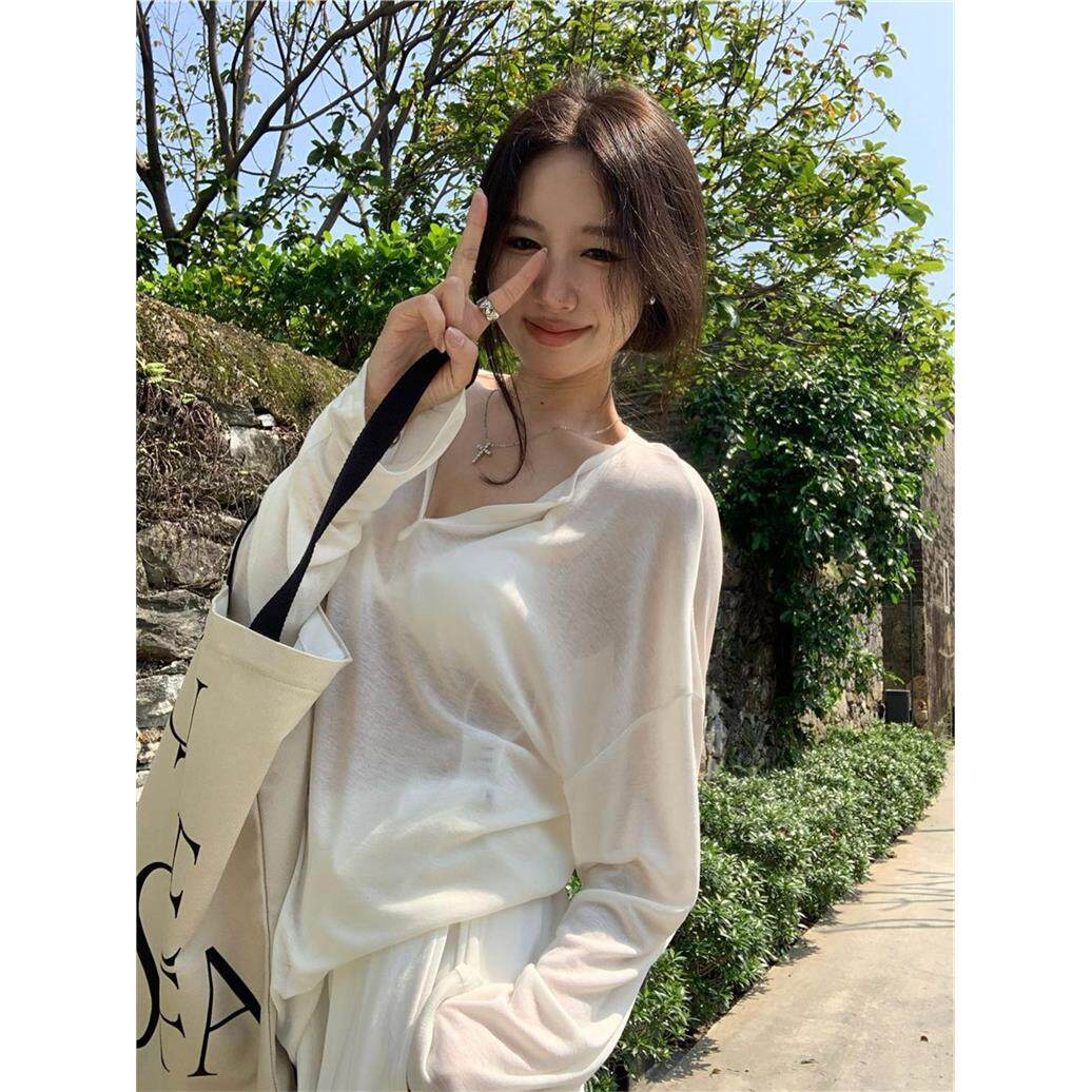 薄款透视v领长袖T恤女装夏季宽松休闲白色打底衫chic防晒罩衫上衣