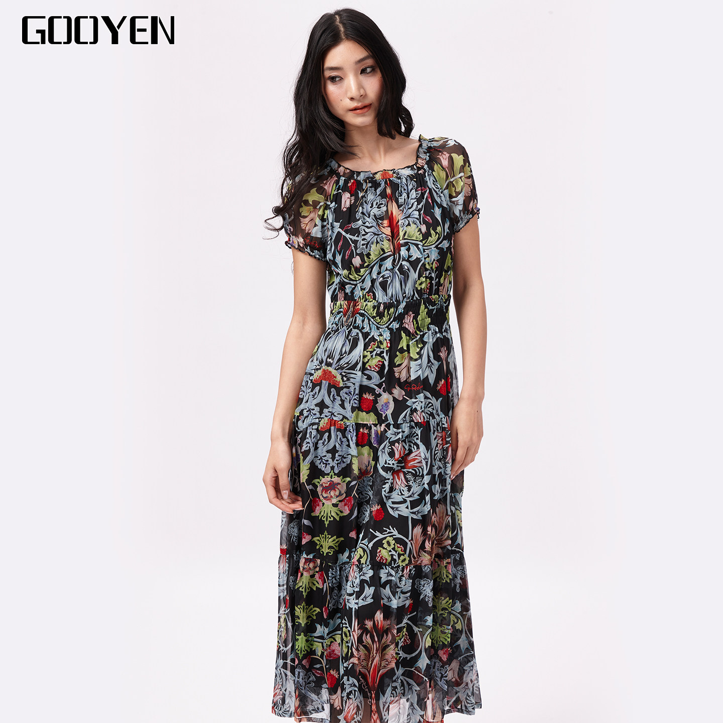 Gooyen|古源 专柜正品 【步生莲】轻奢新款圆领短袖连衣裙
