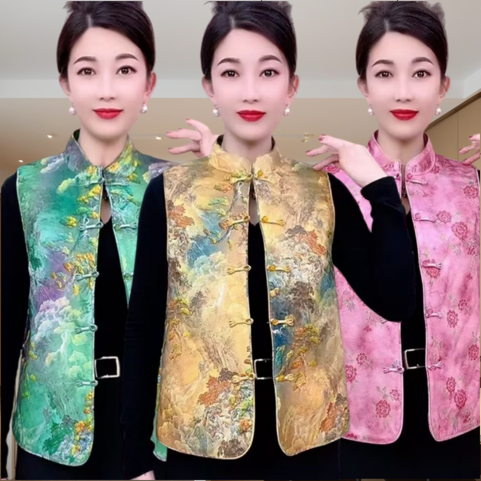 夹棉加厚秋冬马甲妈妈款新中式国风洋气坎肩立领背心缎面中老年人