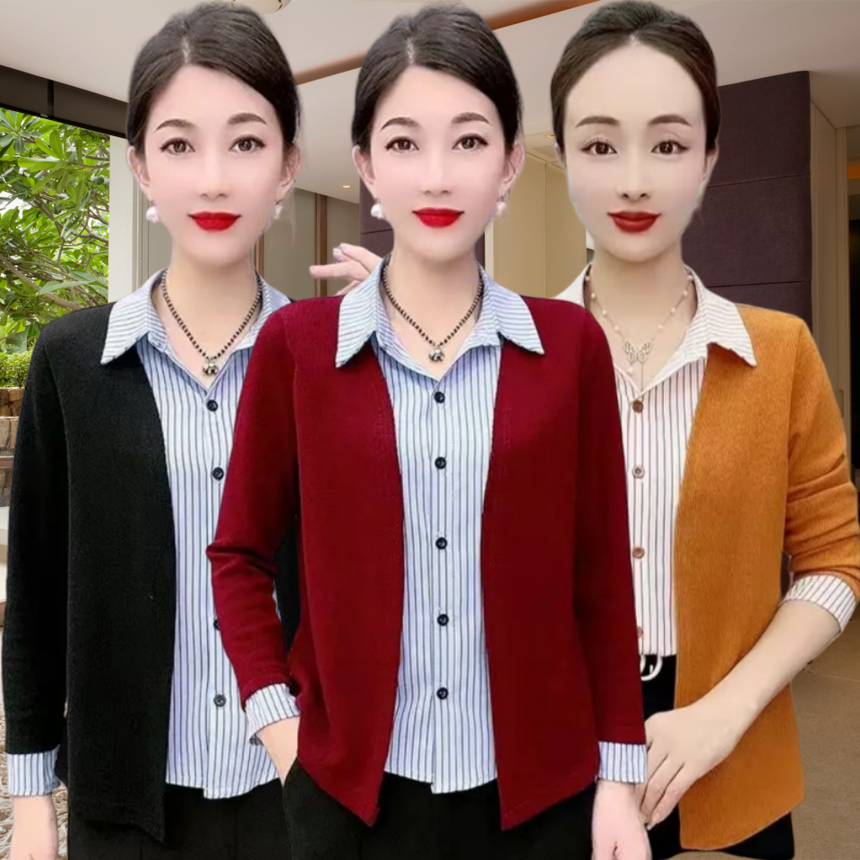 中年妈妈假两件减龄长袖衬衫外套