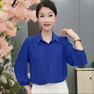 新款纯色大码妈妈时尚衬衣衬衫减龄宽松七分上衣夏季初秋款