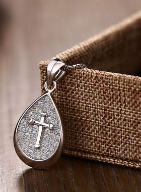 纯银十字架水滴吊坠镶水钻项链