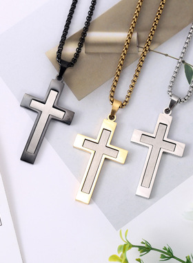 简约十字架吊坠欧美不锈钢光面焊接拼色男士嘻哈百搭钛钢项链
