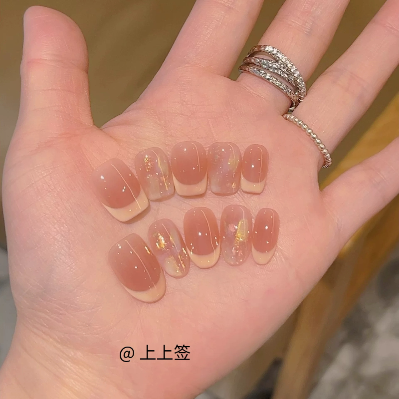 【淡黄醋酸】穿戴甲短款腮红黄色法式醋酸猫眼晕染纯手工穿戴甲