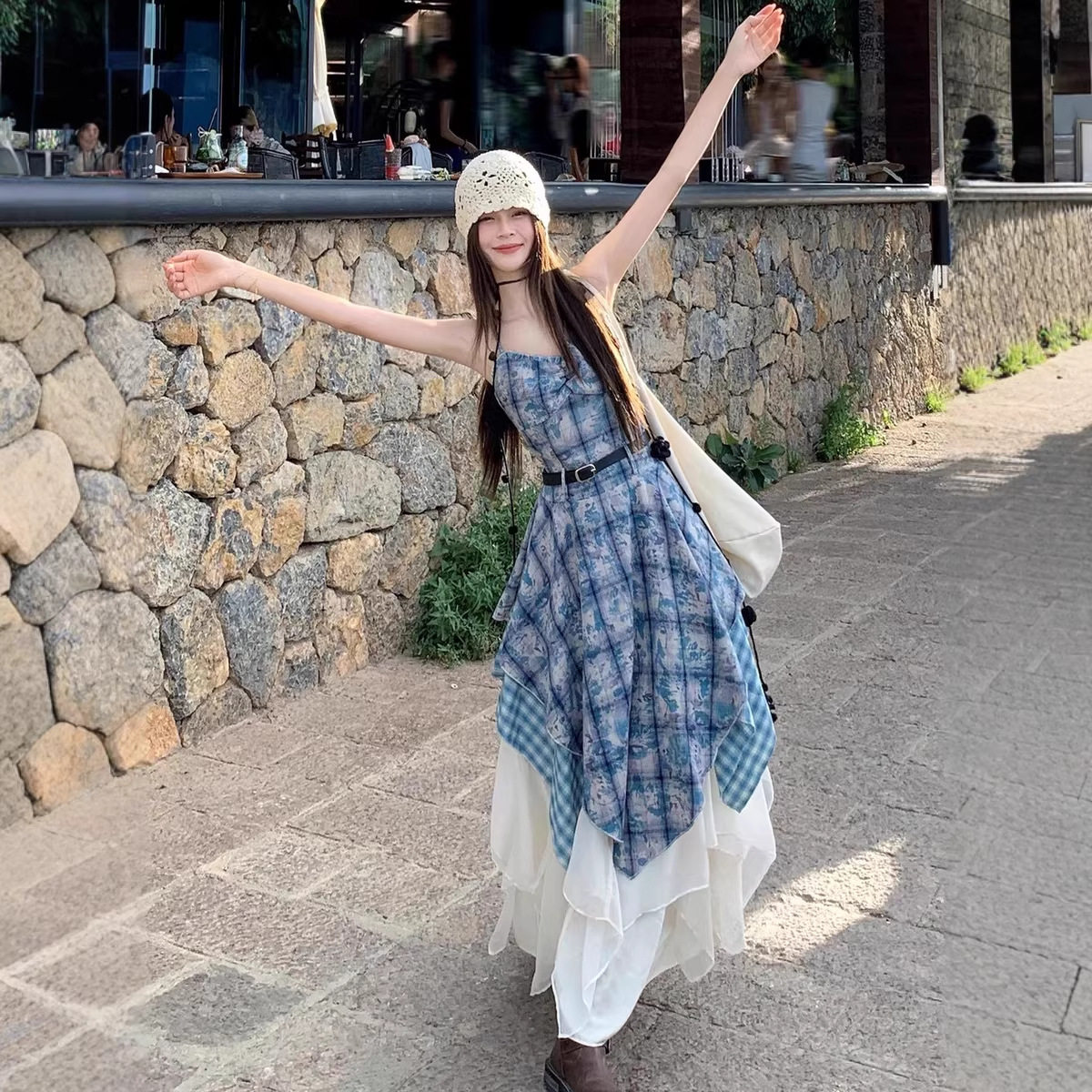 新疆云南旅游两件套装不规则格纹吊带连衣裙叠穿不规则网纱半身裙