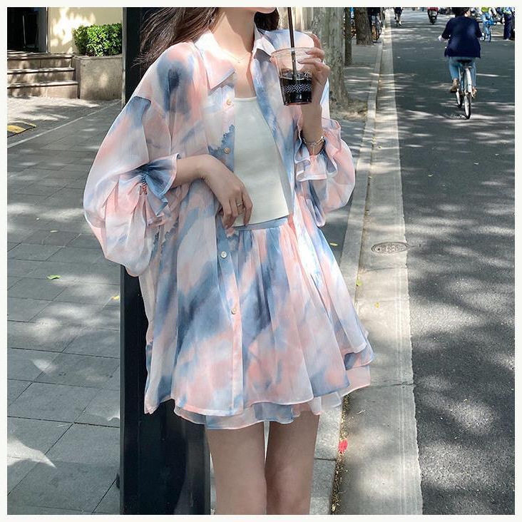懒人三件套赫本风洋气套装女夏季大码显瘦遮肉雪纺防晒衬衫半身裙