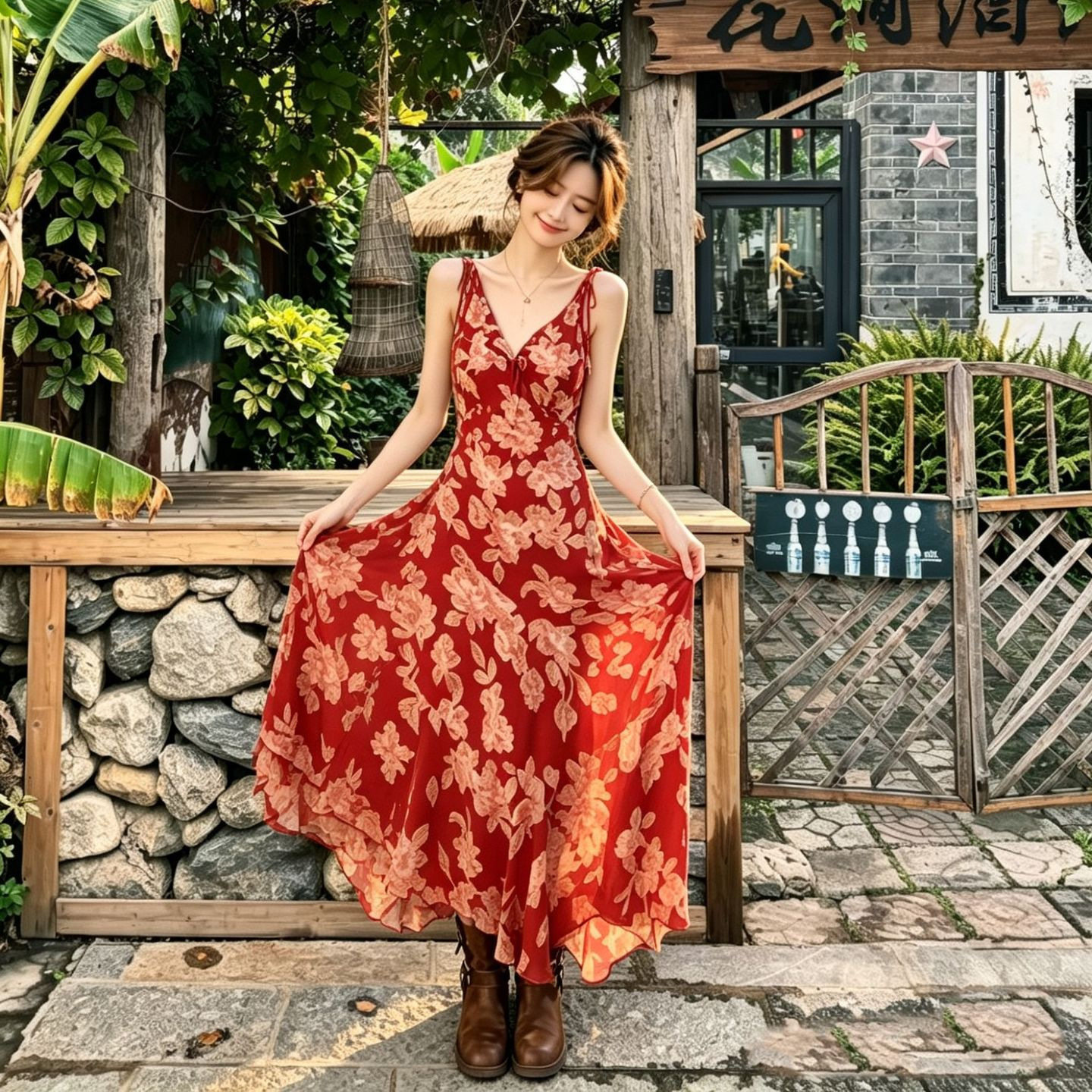 夏季复古红碎花吊带不规则连衣裙
