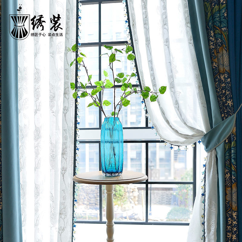 美式窗帘高档棉麻遮光拼接蓝色纱