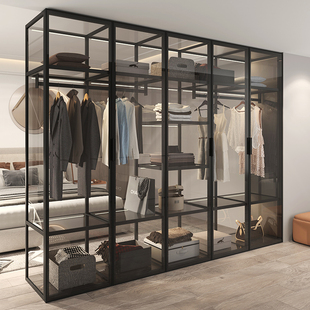 定制铝合金衣柜钢化玻璃铝型材衣帽间卧室家用高级感带灯衣橱轻奢