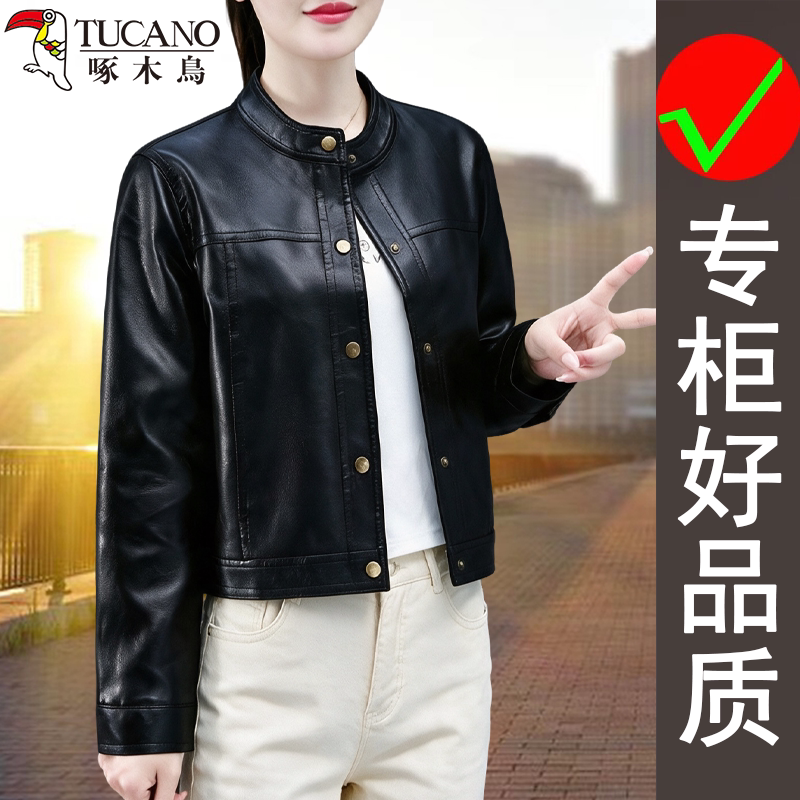 啄木鸟春秋简约通勤皮夹克休闲百搭日常皮衣女士短款时髦洋气外套