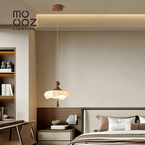 中古风法式床头吊灯2025新款布艺印花高级感胡桃木色护眼卧室吊灯