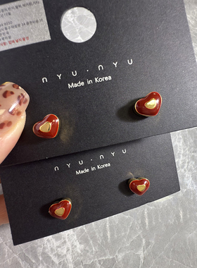 复古红色滴釉立体爱心耳钉小巧精致简约百搭耳环高级感气质耳饰