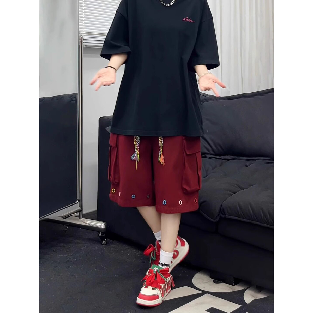 酒红色大口袋工装短裤男夏季痞帅炸街美式高街裤子直筒五六分中裤
