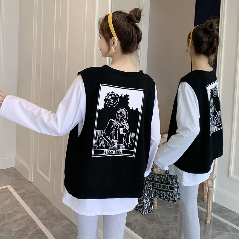 150 작은 가을 겨울 출산복 순면 프린트 티셔츠 + 탑 베스트 XS 작은 사이즈는 임신을 보여주지 않습니다 투피스 세트 155