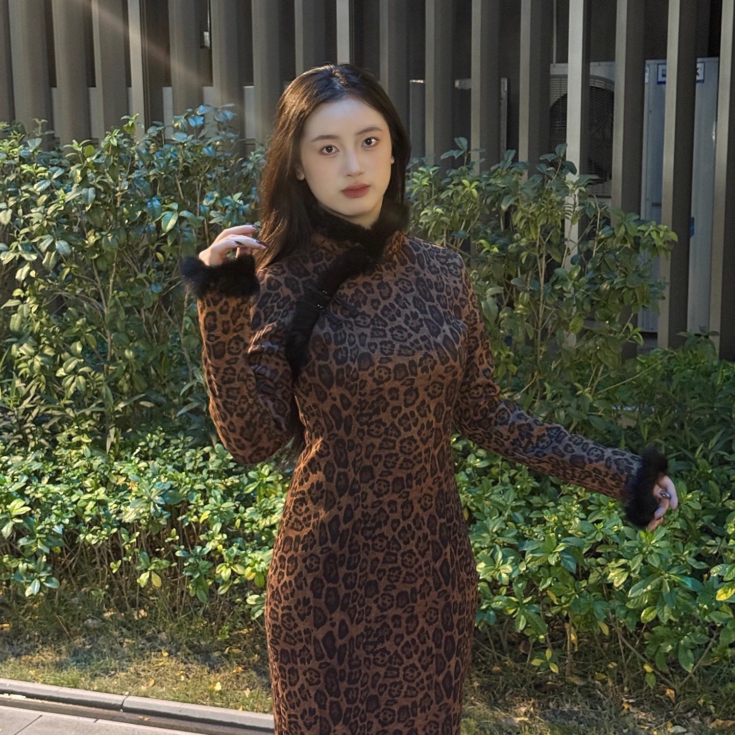 秋冬麂皮绒厚款加绒豹纹长袖旗袍