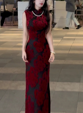 春夏新款改良旗袍女高级妖艳立体花朵提花无袖港工旗袍收腰婆娑红