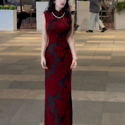 立体花朵无袖婆娑红旗袍高级妖艳