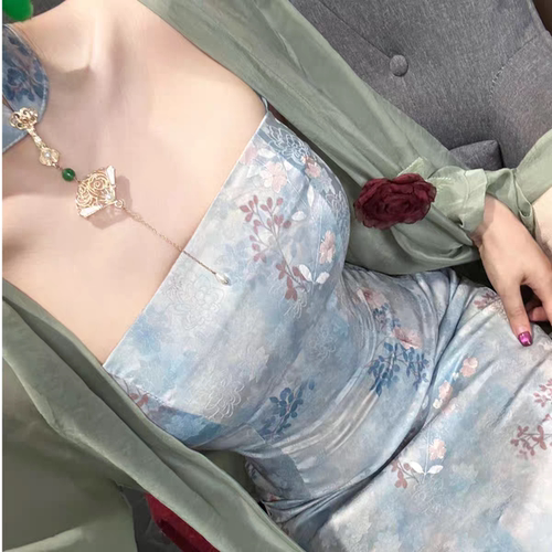 新中式a字裙缎面连衣裙女蓝木桥