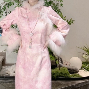 加绒冬季 旗袍连衣裙女修身 旗袍紫花落香 温柔紫色真毛领长袖 新中式
