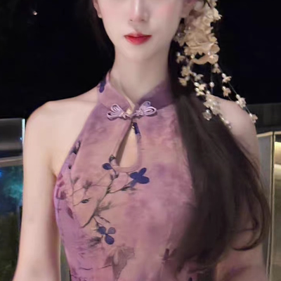 改良新中式显瘦旗袍挖肩紫光同尘