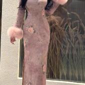 连衣裙国风长款 新中式 长袖 曼丽绒针织旗袍冬装 裙子粉娇娘 秋冬厚款