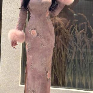 新中式秋冬厚款曼丽绒针织旗袍冬装长袖连衣裙国风长款裙子粉娇娘