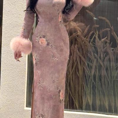 中式秋冬厚款针织旗袍长袖粉娇娘