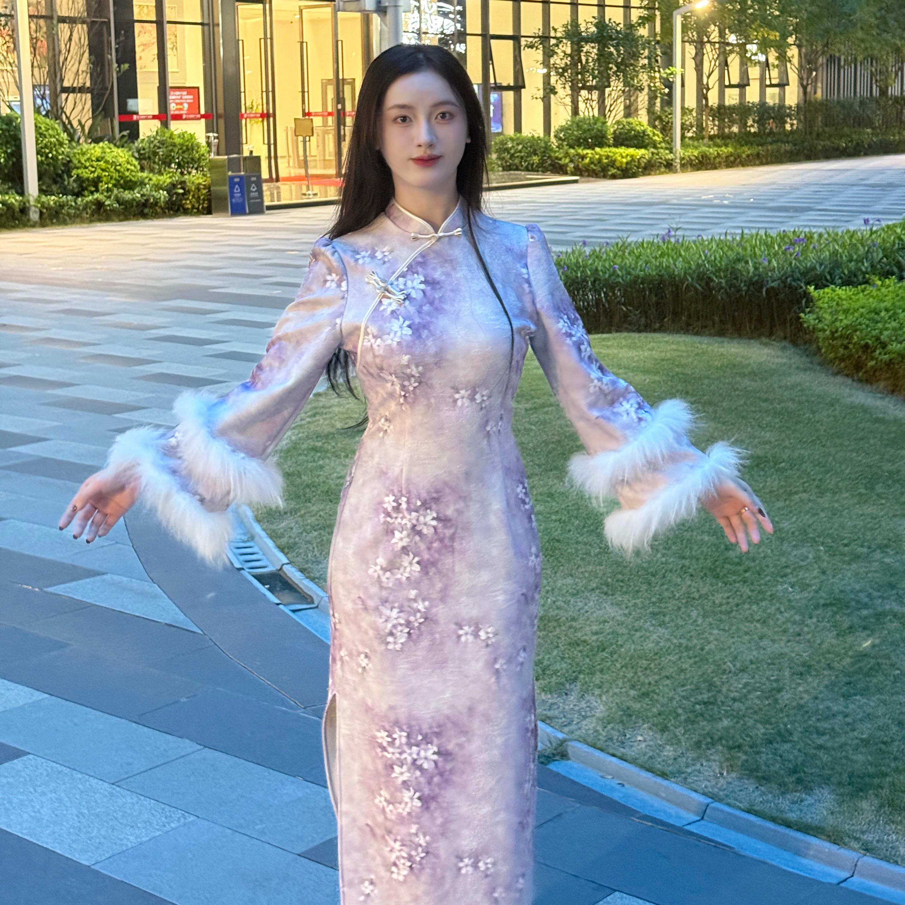 秋冬高级针织提花紫色旗袍绒花紫