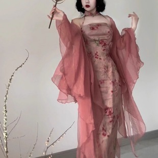 自制粉樱花平领挂脖开叉修身显摆连衣裙新中式改良旗袍裙子长裙